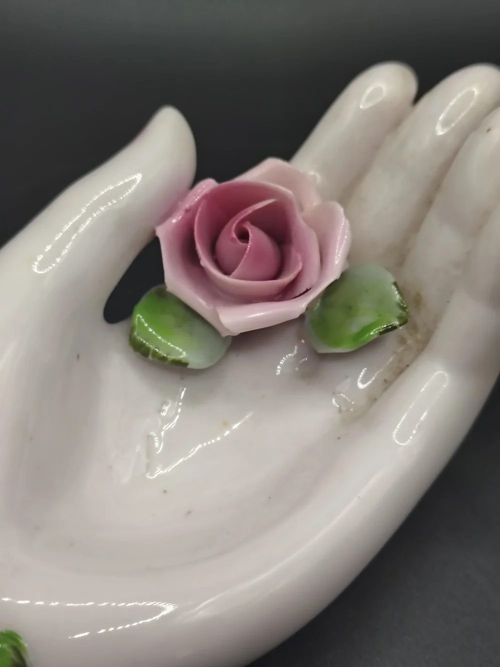 Lefton Porcelain Hand Ring Holder with Pink Rose Accent
